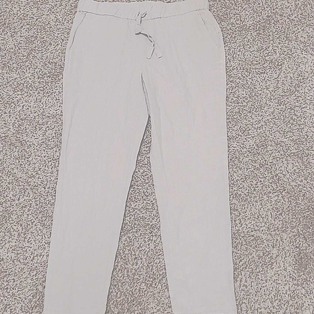 SAKS FIFTH AVENUE gray linen drawstring elastic waist L P undone hem modern look